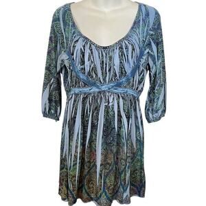One World Womens Blue Purple Studded Babydoll Stretch Knit Scoop Neck Top sz L